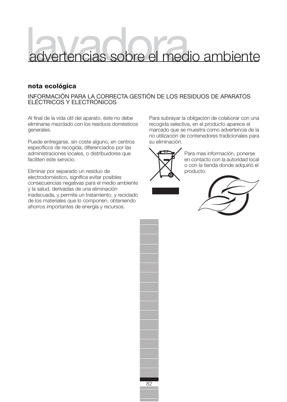 Lavadora, Advertencias sobre el medio ambiente | Fagor America FA-4812X User Manual | Page 82 / 88