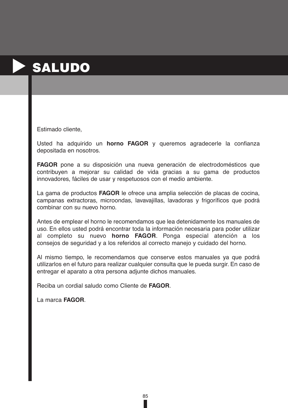 Saludo | Fagor America 5HA-196X User Manual | Page 85 / 122