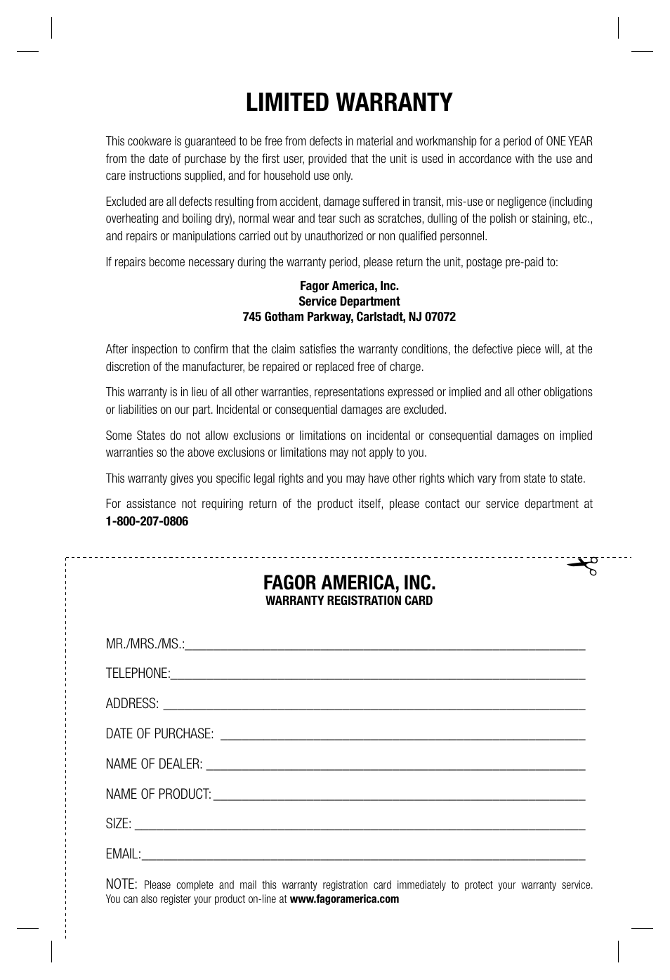 Limited warranty, Fagor america, inc | Fagor America Multipot Set none User Manual | Page 29 / 30