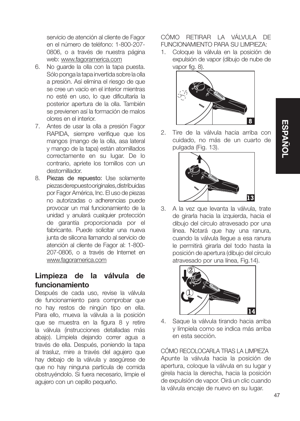 Esp añol, Limpieza de la válvula de funcionamiento | Fagor America Fagor Rapida Pressure Cooker User Manual | Page 47 / 92