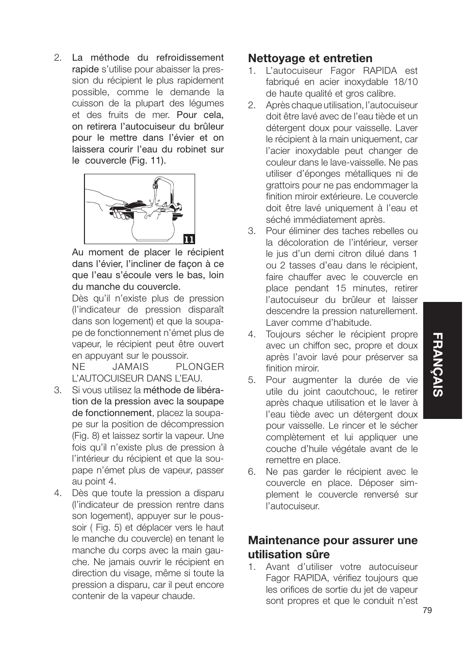 Français, Nettoyage et entretien, Maintenance pour assurer une utilisation sûre | Fagor America Fagor Rapida Pressure Cooker User Manual | Page 79 / 92