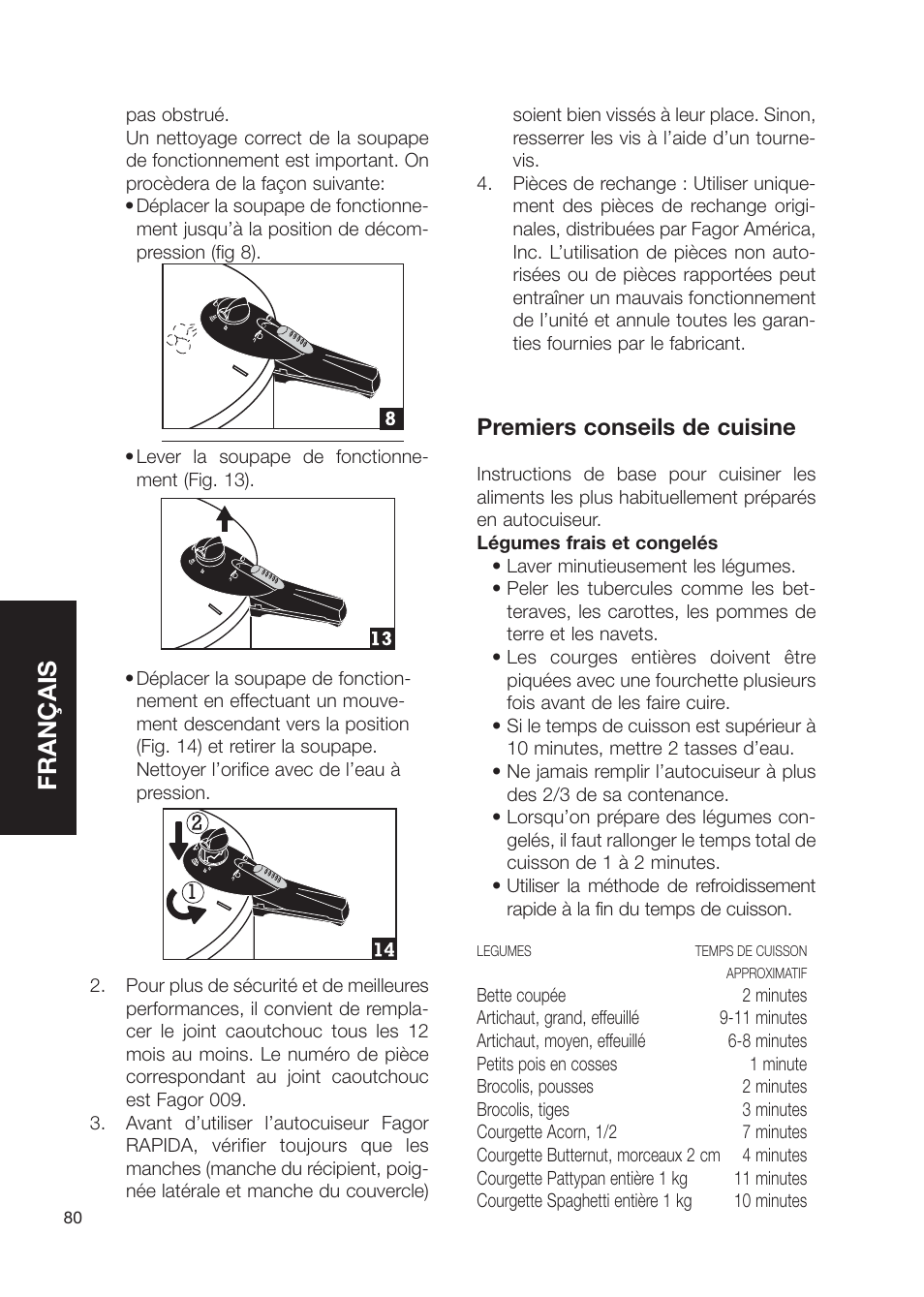 Français, Premiers conseils de cuisine | Fagor America Fagor Rapida Pressure Cooker User Manual | Page 80 / 92