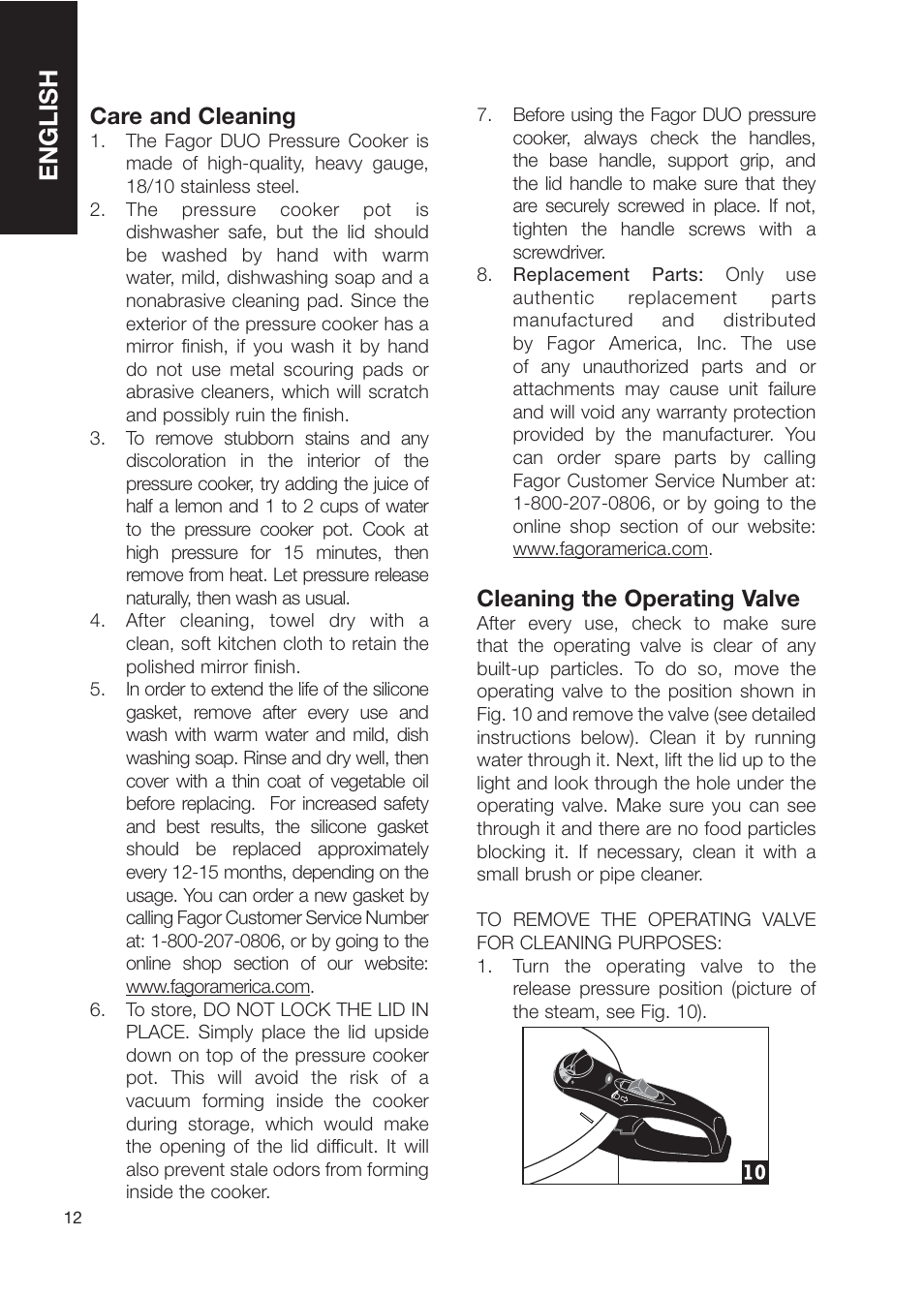 English, Care and cleaning, Cleaning the operating valve | Fagor America Electric Pressure Cooker User Manual | Page 12 / 76