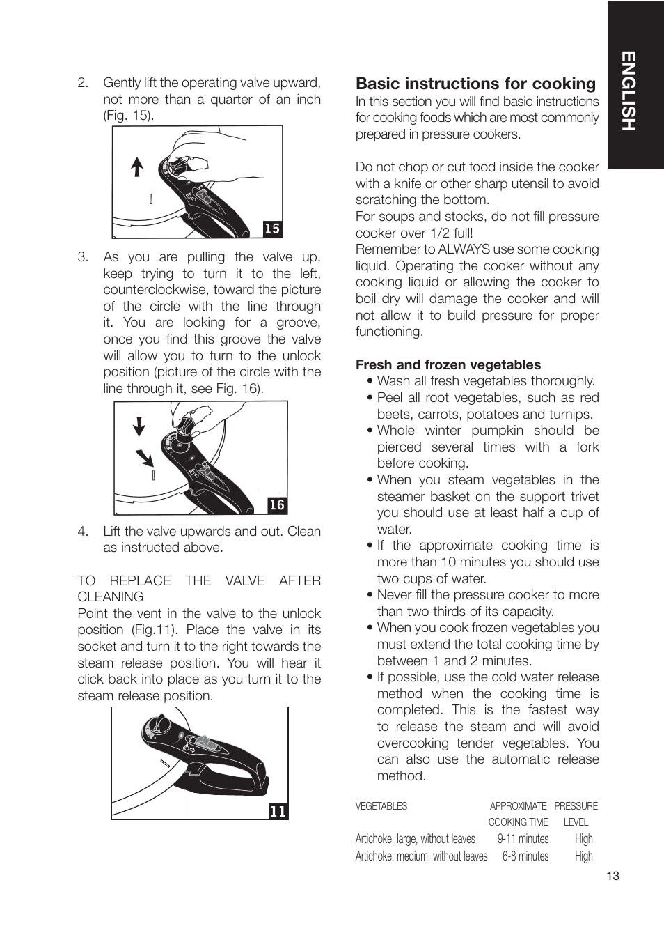 English, Basic instructions for cooking | Fagor America Electric Pressure Cooker User Manual | Page 13 / 76