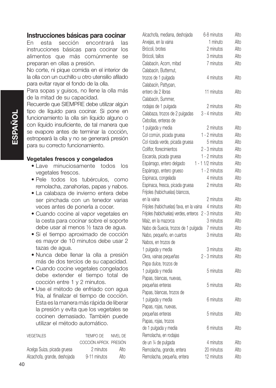 Esp añol, Instrucciones básicas para cocinar | Fagor America Electric Pressure Cooker User Manual | Page 40 / 76