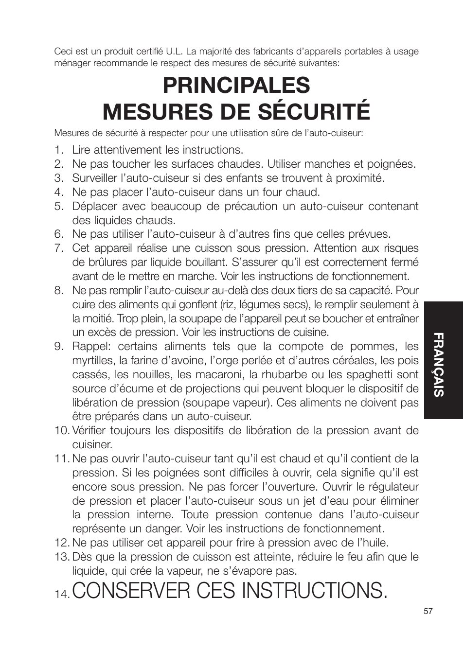 Conserver ces instructions, Principales mesures de sécurité | Fagor America Electric Pressure Cooker User Manual | Page 57 / 76