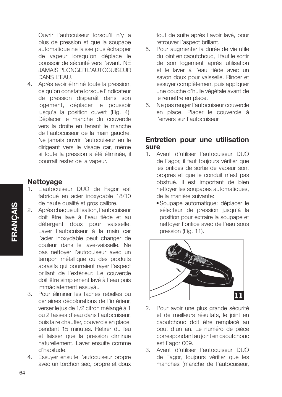 Français, Nettoyage, Entretien pour une utilisation sure | Fagor America Electric Pressure Cooker User Manual | Page 64 / 76