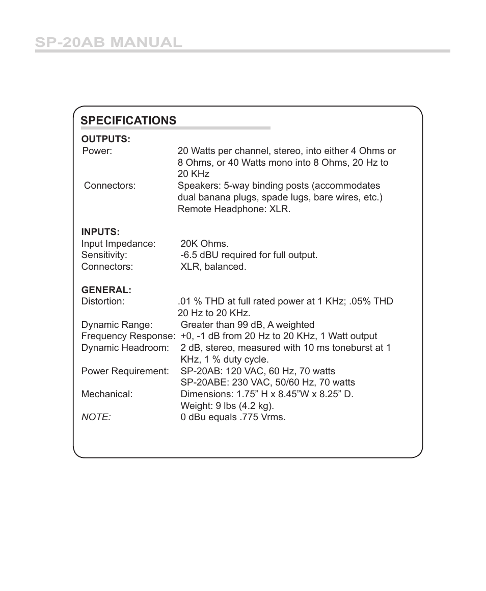 Sp-20ab manual, Specifications | Furman Sound SP-20AB User Manual | Page 10 / 12