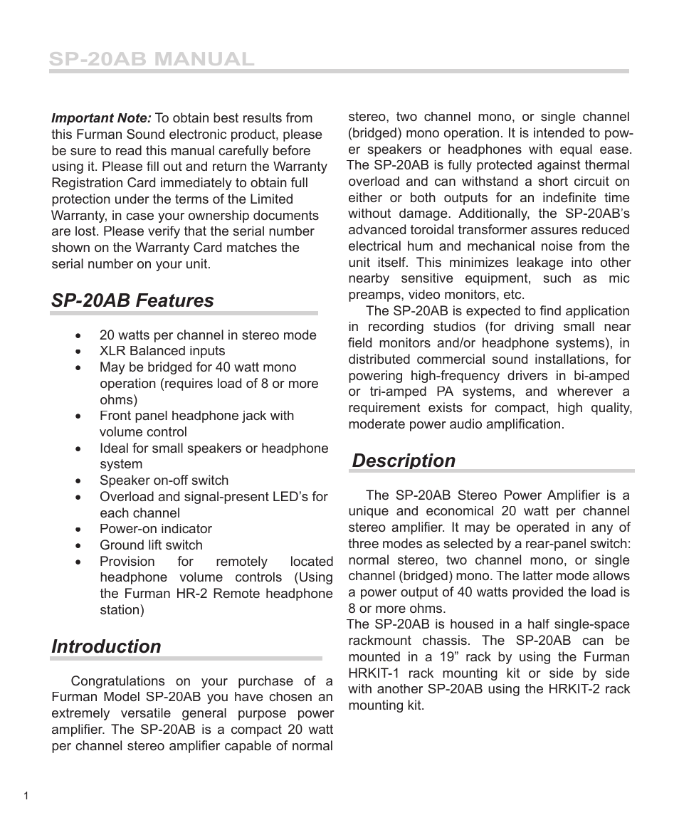 Sp-20ab manual, Sp-20ab features, Introduction | Description | Furman Sound SP-20AB User Manual | Page 2 / 12