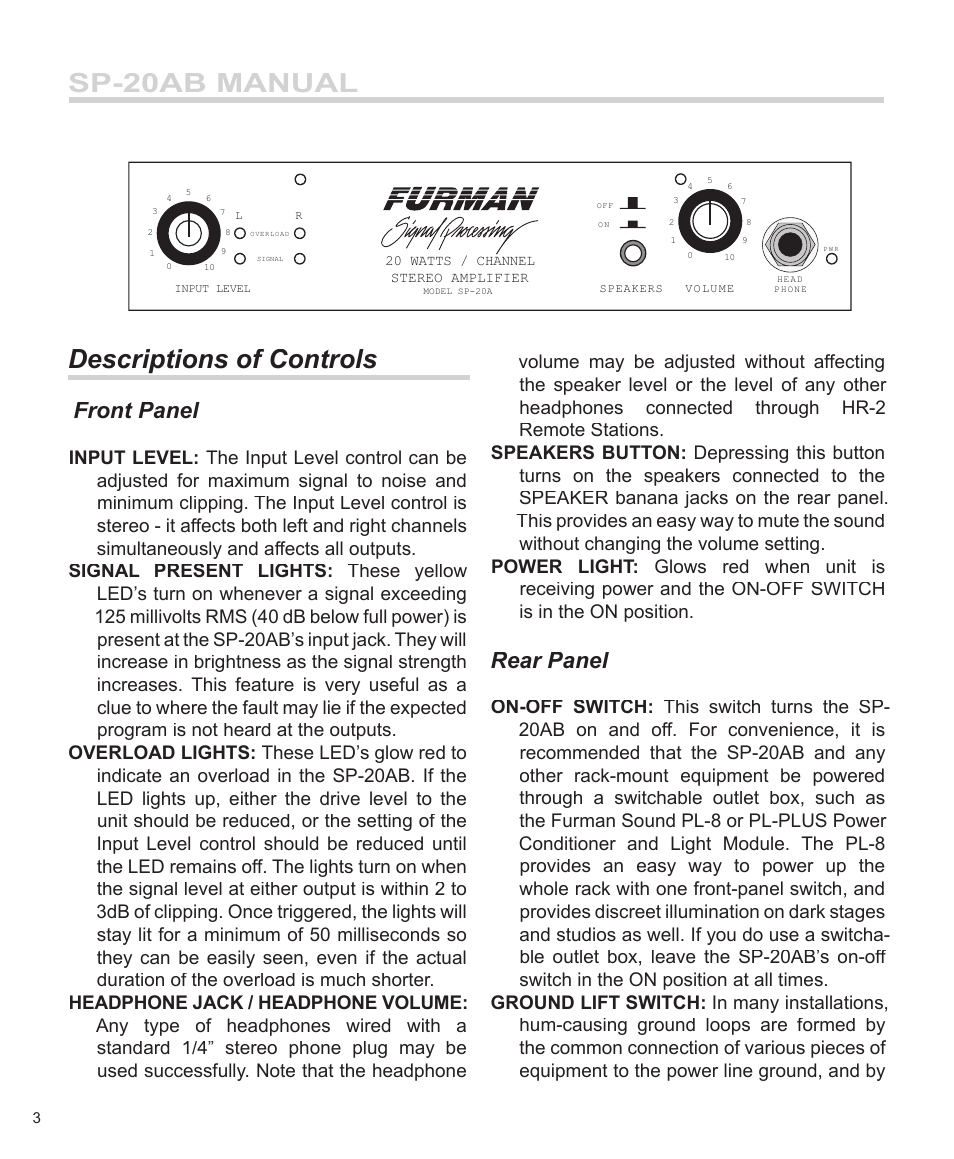 Sp-20ab manual descriptions of controls, Front panel, Rear panel | Furman Sound SP-20AB User Manual | Page 4 / 12