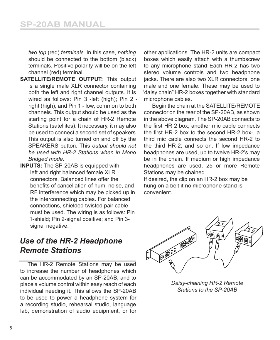 Sp-20ab manual, Use of the hr-2 headphone remote stations | Furman Sound SP-20AB User Manual | Page 6 / 12
