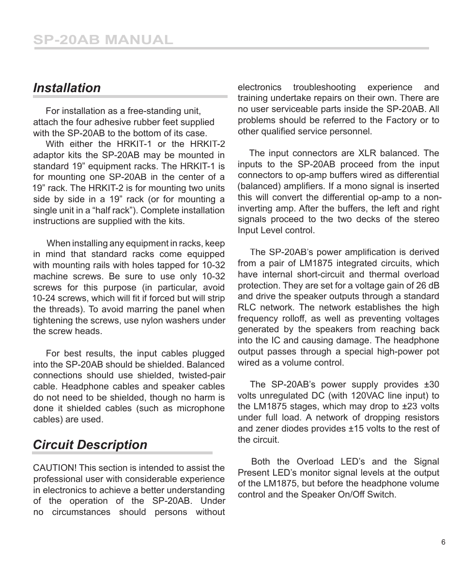 Sp-20ab manual installation, Circuit description | Furman Sound SP-20AB User Manual | Page 7 / 12