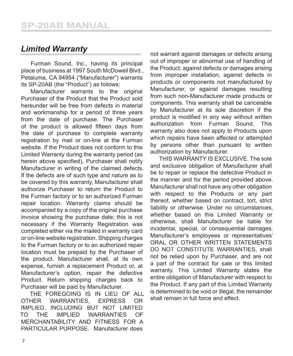 Sp-20ab manual limited warranty | Furman Sound SP-20AB User Manual | Page 8 / 12