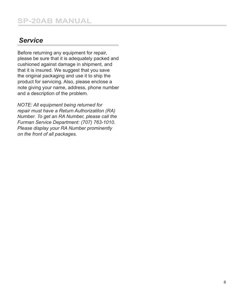 Sp-20ab manual, Service | Furman Sound SP-20AB User Manual | Page 9 / 12