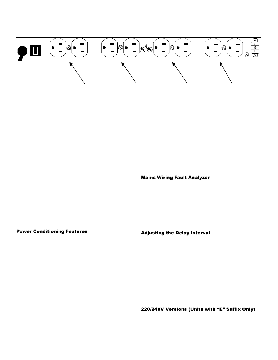 Rear panel outlets, Power conditioning features, Mains wiring fault analyzer | Adjusting the delay interval | Furman Sound PS-8RE User Manual | Page 2 / 4