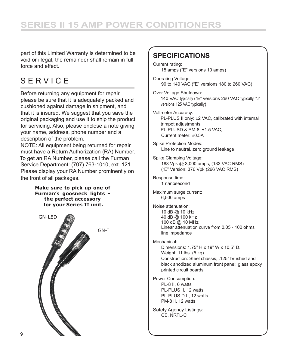 Series ii 15 amp power conditioners, Specifications | Furman Sound PM-8 II User Manual | Page 10 / 12