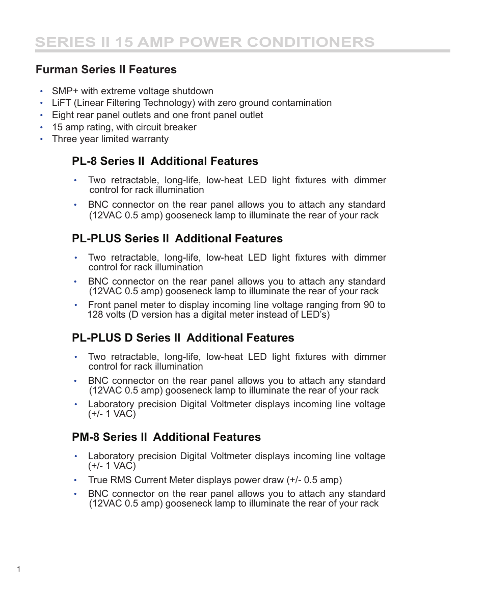 Series ii 15 amp power conditioners, Pl-8 series ii additional features, Pl-plus series ii additional features | Pl-plus d series ii additional features, Pm-8 series ii additional features, Furman series ii features | Furman Sound PM-8 II User Manual | Page 2 / 12