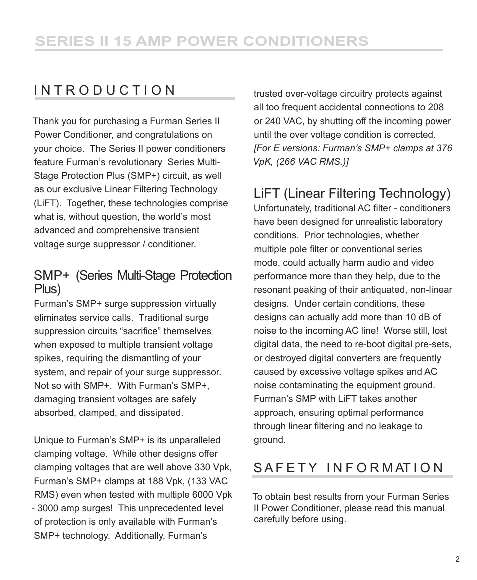 Smp+ (series multi-stage protection plus), Lift (linear filtering technology) | Furman Sound PM-8 II User Manual | Page 3 / 12