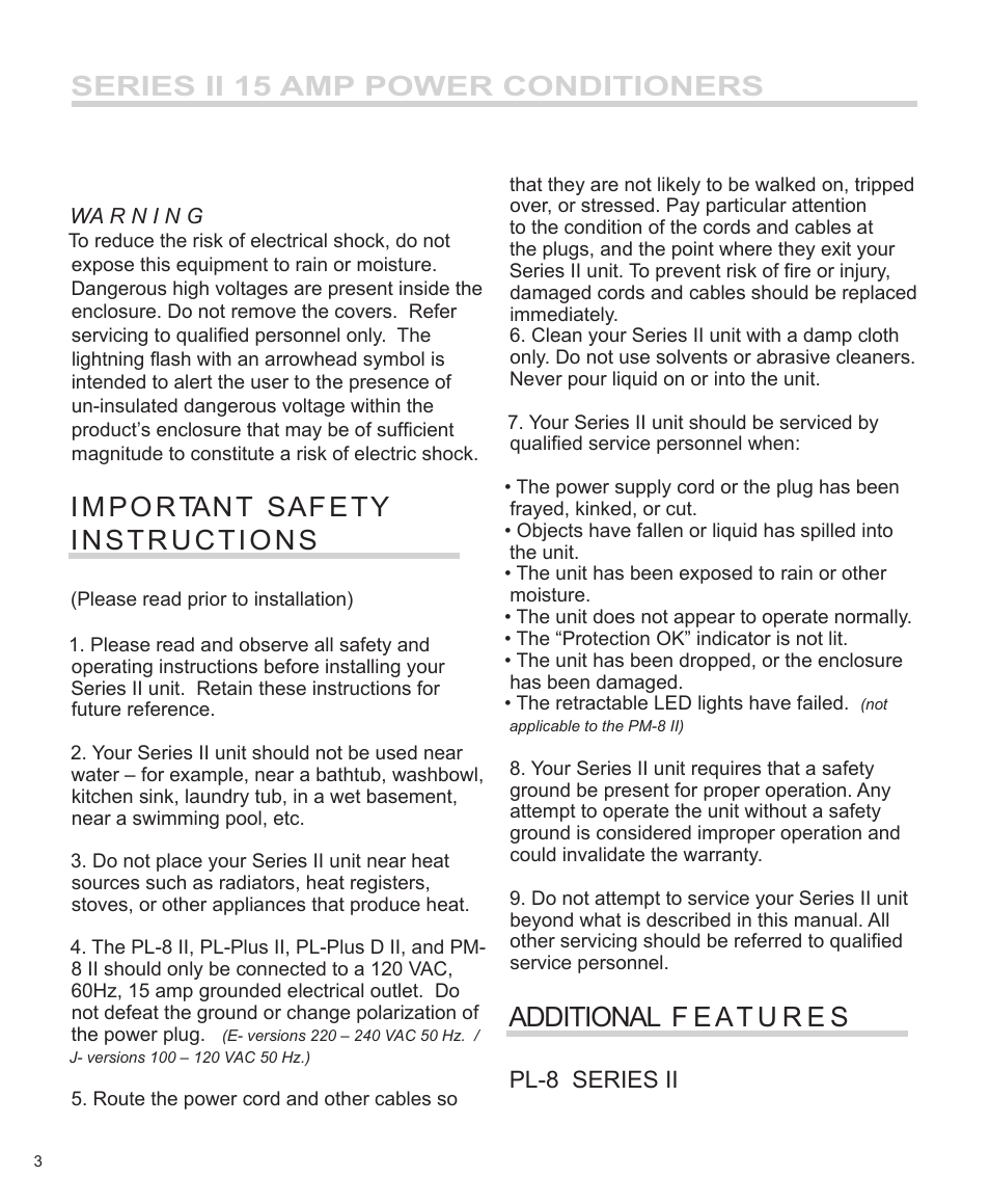 Series ii 15 amp power conditioners, Pl-8 series ii | Furman Sound PM-8 II User Manual | Page 4 / 12