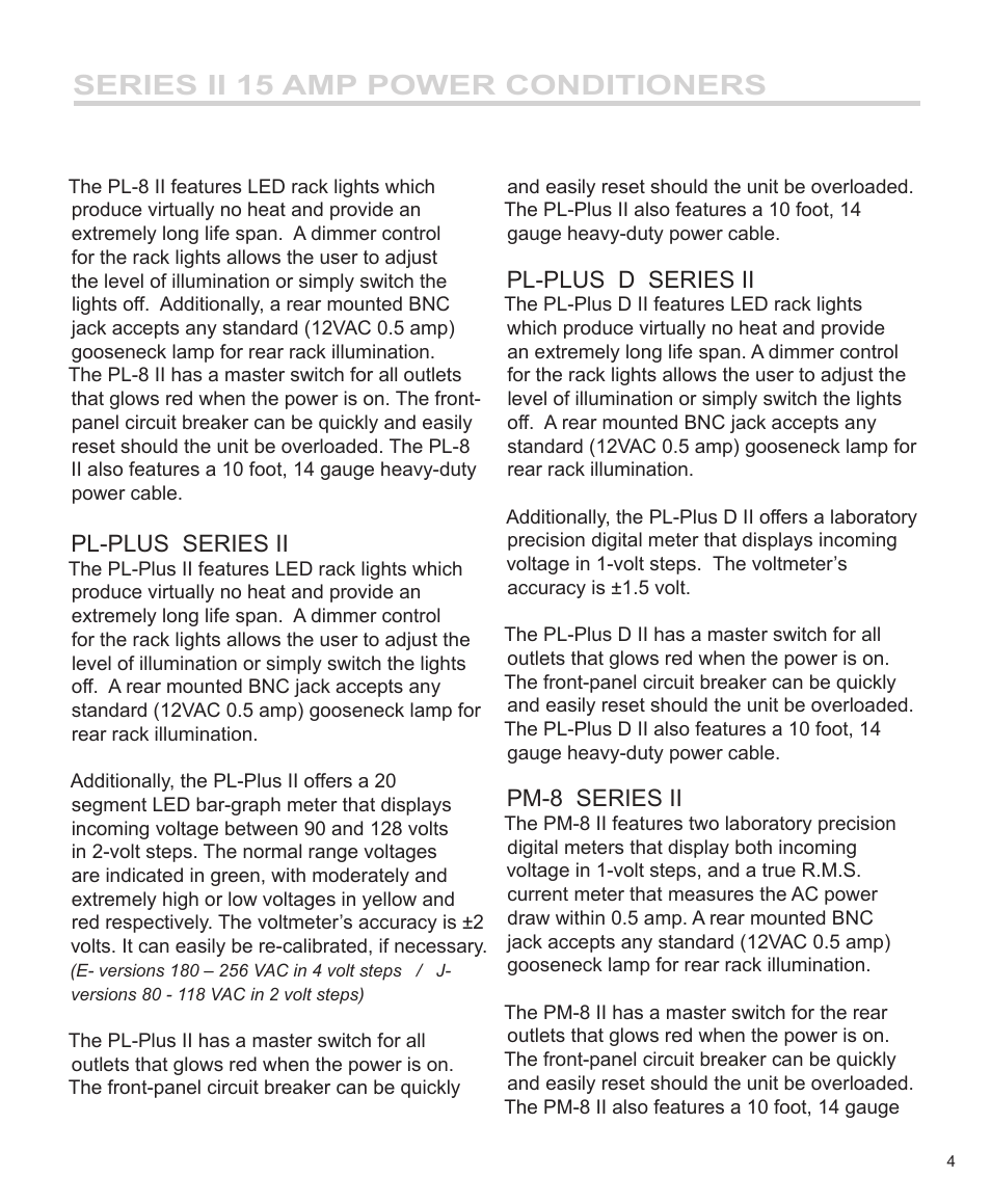 Series ii 15 amp power conditioners, Pl-plus series ii, Pl-plus d series ii | Pm-8 series ii | Furman Sound PM-8 II User Manual | Page 5 / 12
