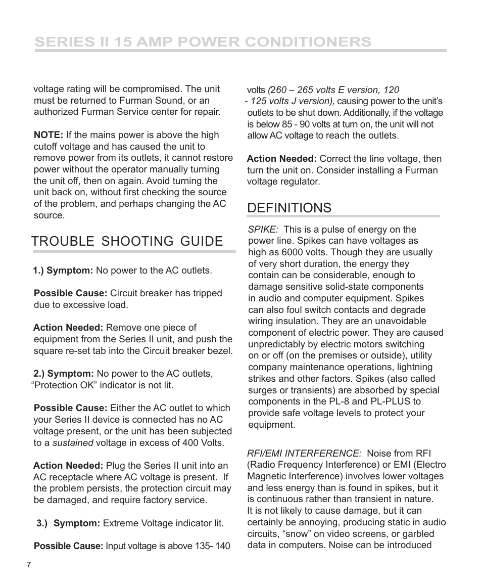 Series ii 15 amp power conditioners, Definitions | Furman Sound PM-8 II User Manual | Page 8 / 12