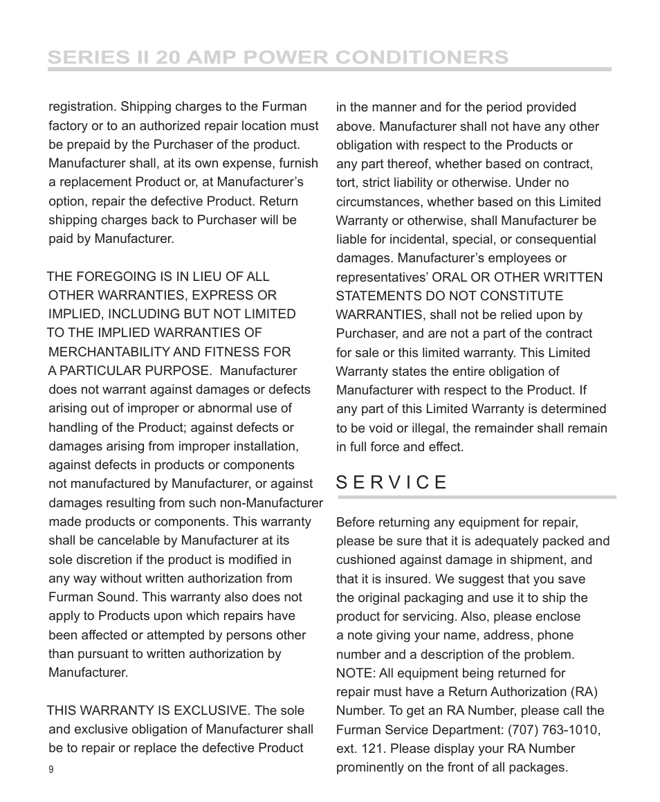 Series ii 20 amp power conditioners | Furman Sound PM-PRO II User Manual | Page 10 / 12