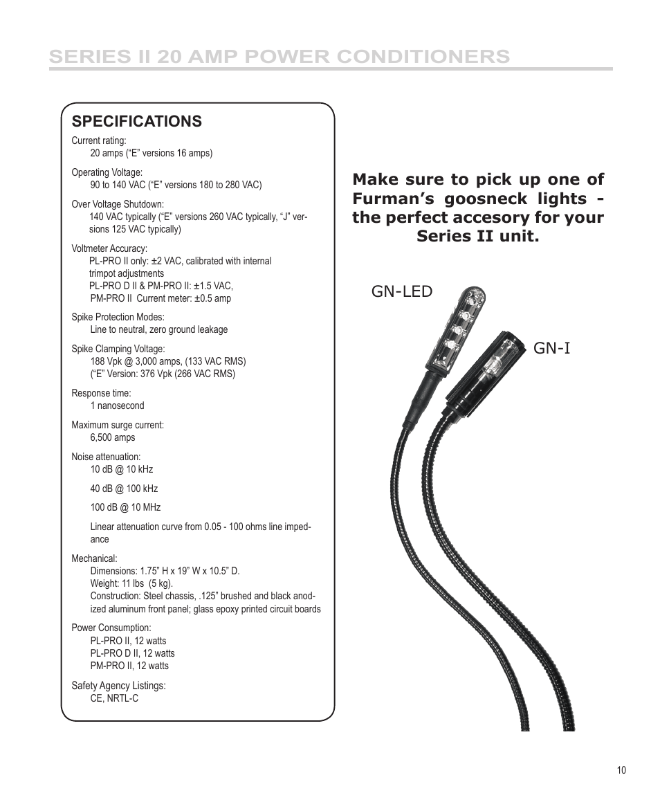 Series ii 20 amp power conditioners, Specifications | Furman Sound PM-PRO II User Manual | Page 11 / 12