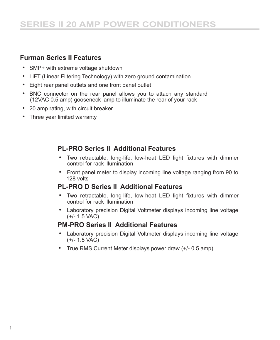 Series ii 20 amp power conditioners | Furman Sound PM-PRO II User Manual | Page 2 / 12