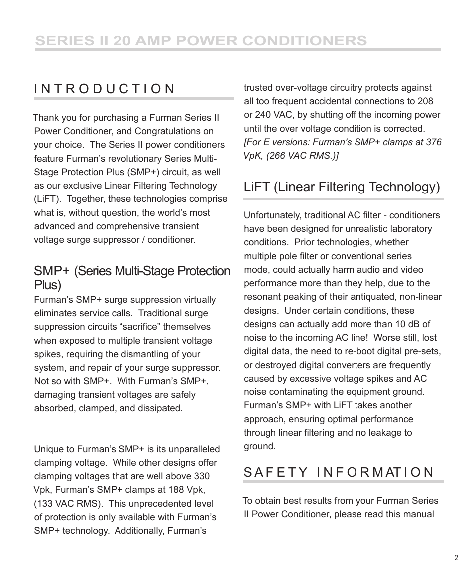 Smp+ (series multi-stage protection plus), Lift (linear filtering technology) | Furman Sound PM-PRO II User Manual | Page 3 / 12