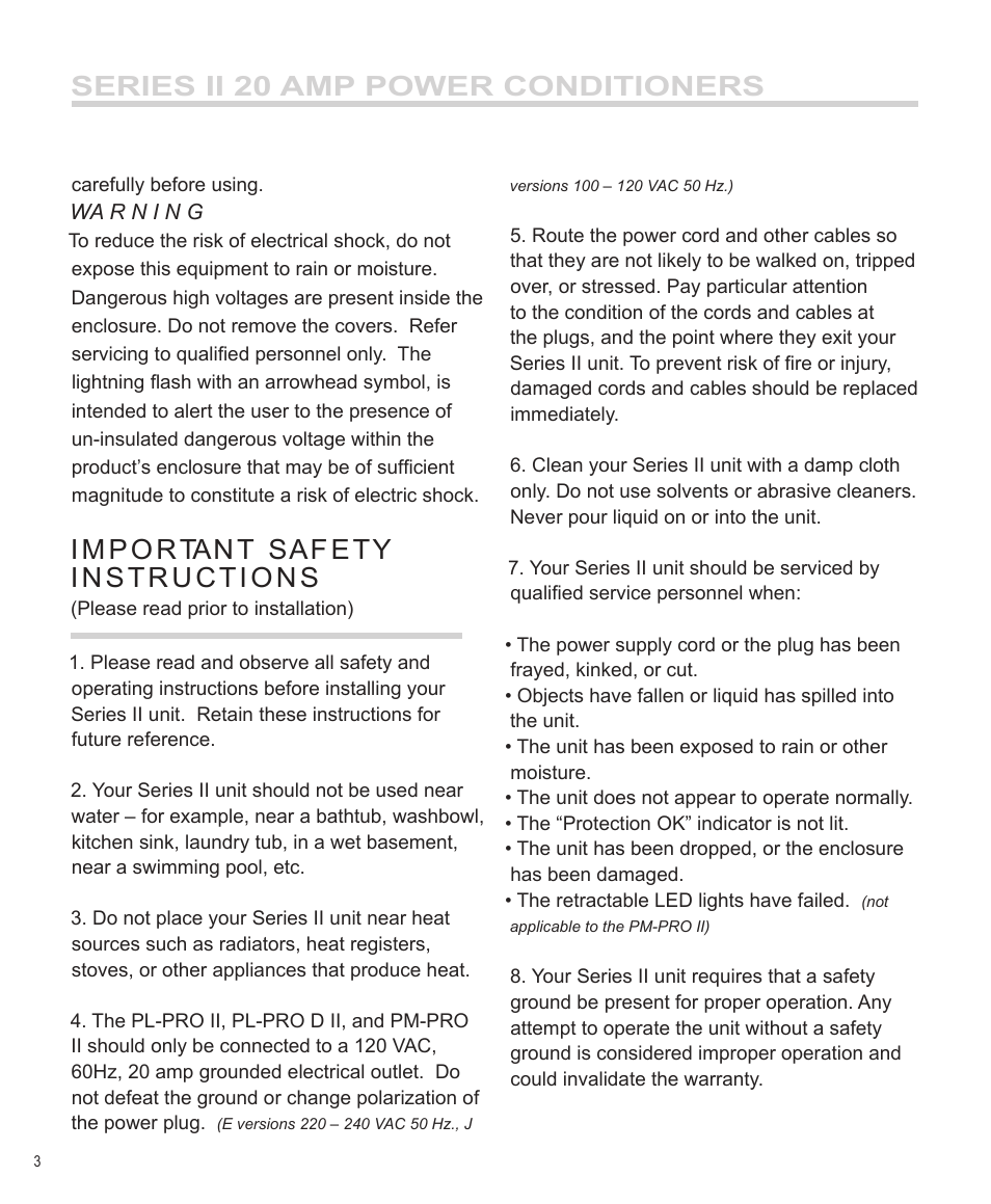 Series ii 20 amp power conditioners | Furman Sound PM-PRO II User Manual | Page 4 / 12