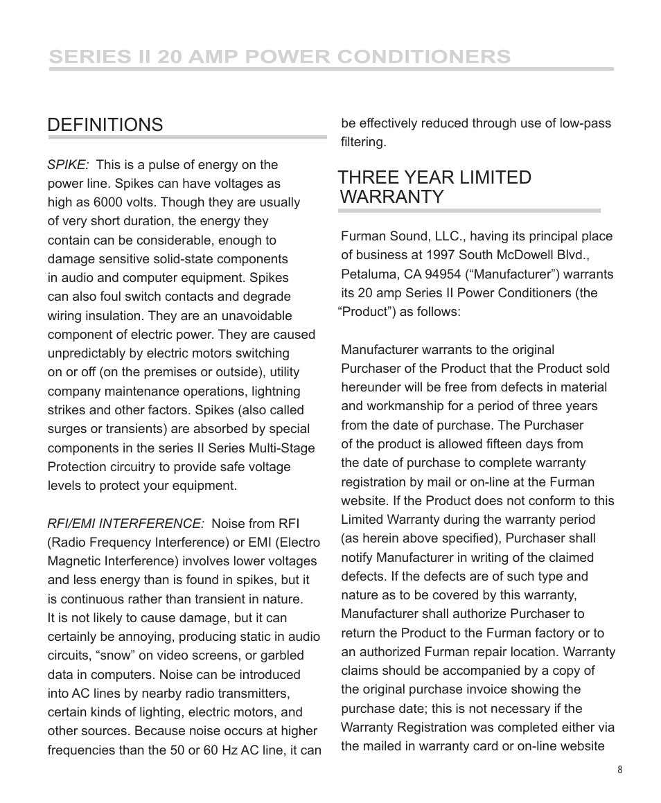 Series ii 20 amp power conditioners definitions, Three year limited warranty | Furman Sound PM-PRO II User Manual | Page 9 / 12