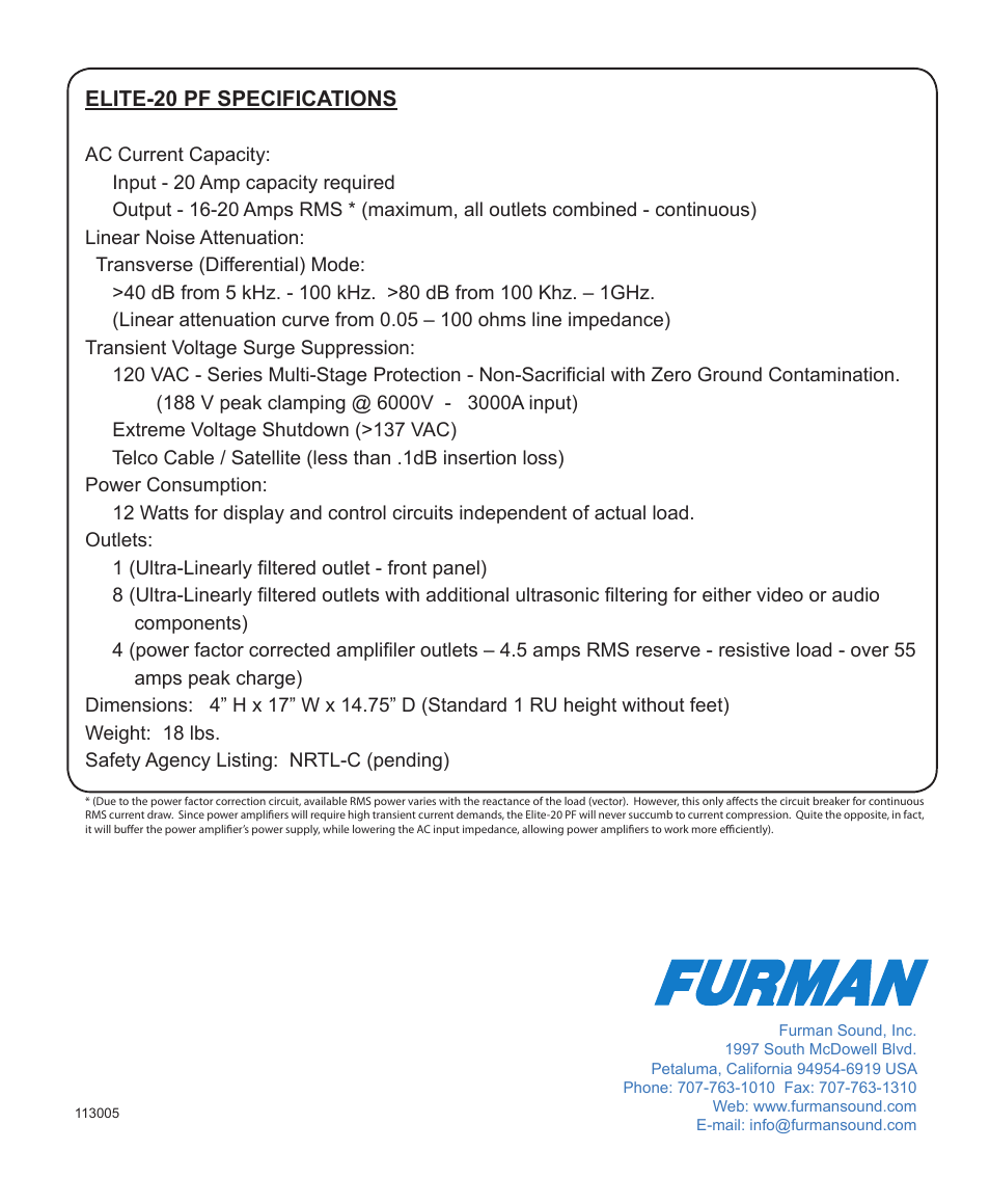 Elite-20 pf specifications | Furman Sound ElitE 20 PF User Manual | Page 12 / 12