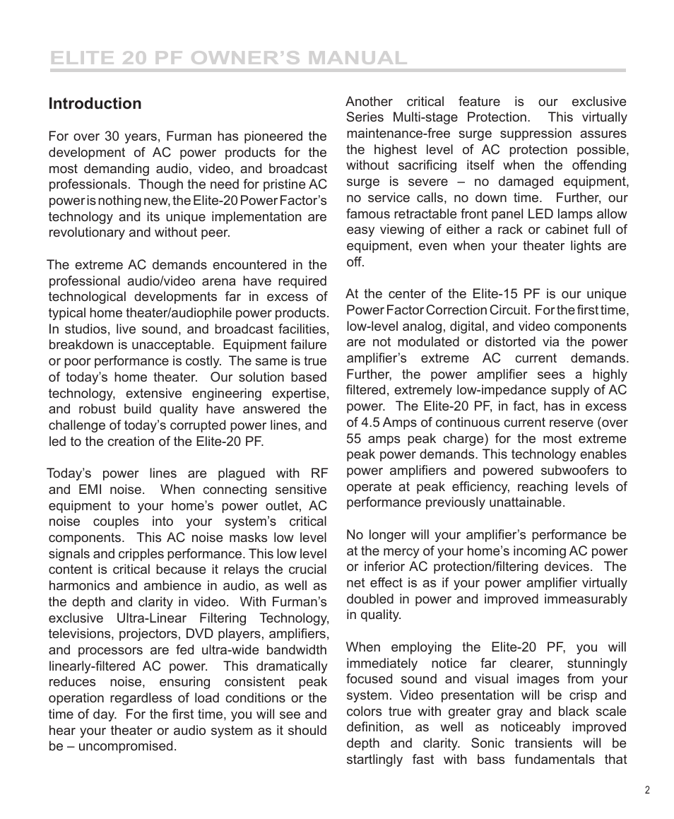 Elite 20 pf owner’s manual, Introduction | Furman Sound ElitE 20 PF User Manual | Page 3 / 12