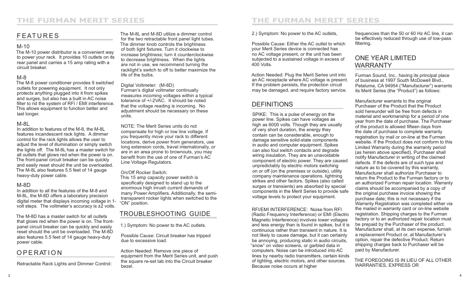 The furman merit series, Definitions, One year limited warranty | Furman Sound PL-PRO DE II  EN User Manual | Page 4 / 4