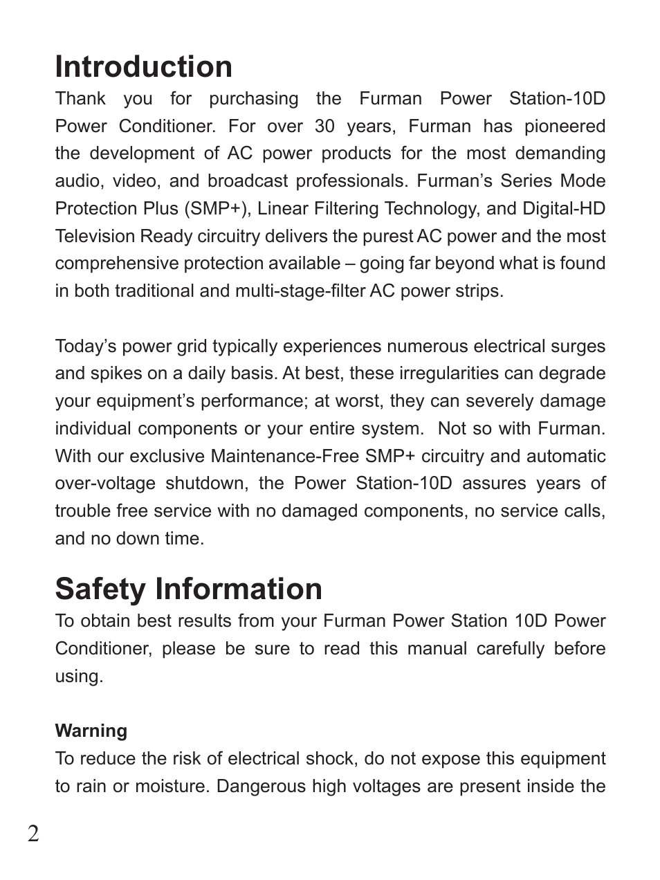 Introduction, Safety information | Furman Sound PST-10D User Manual | Page 2 / 12