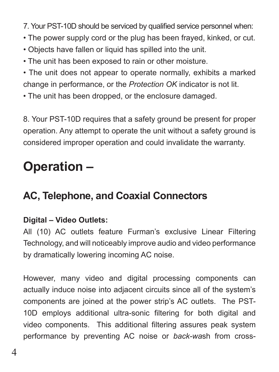 Operation | Furman Sound PST-10D User Manual | Page 4 / 12