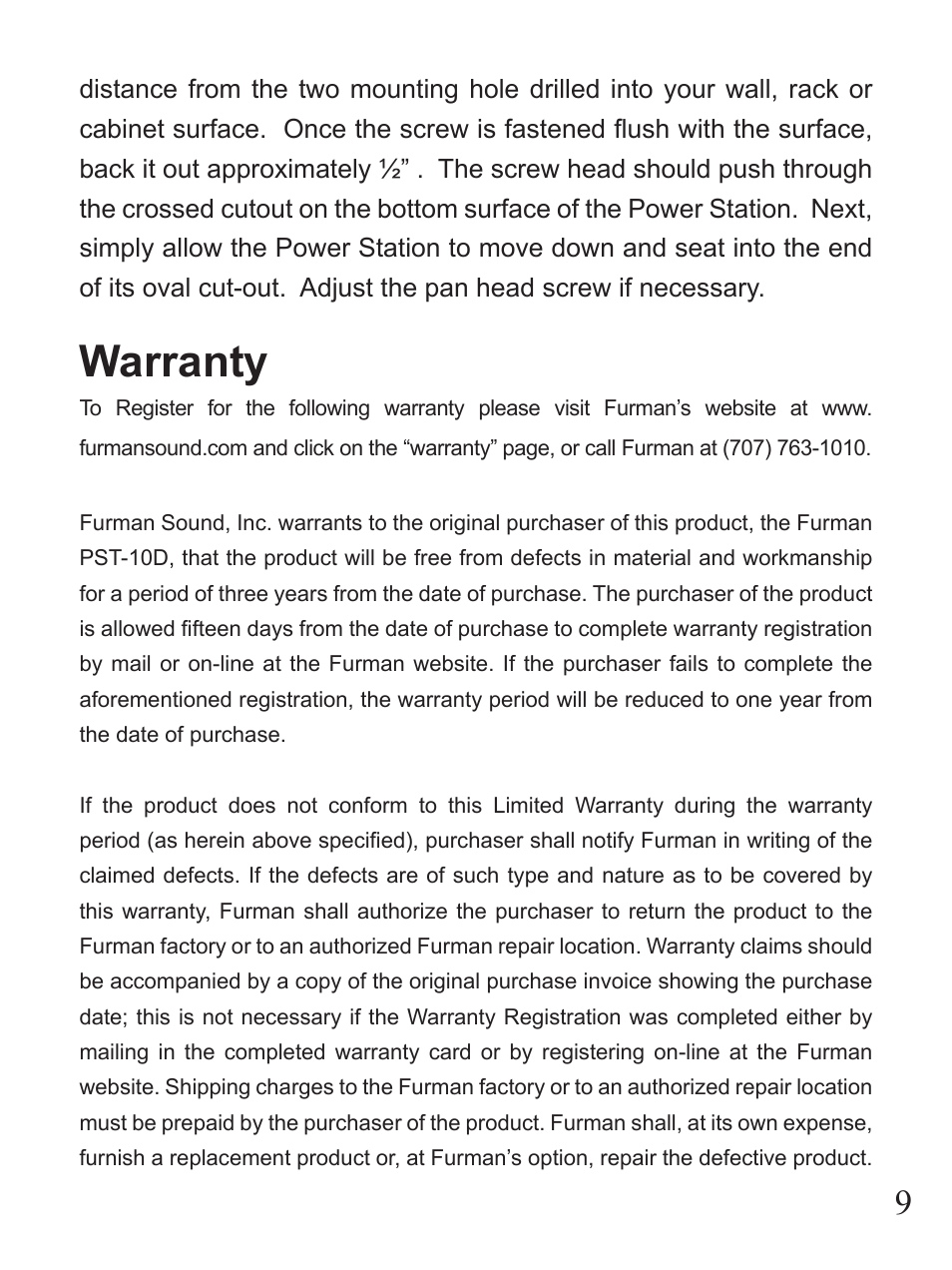 Warranty | Furman Sound PST-10D User Manual | Page 9 / 12