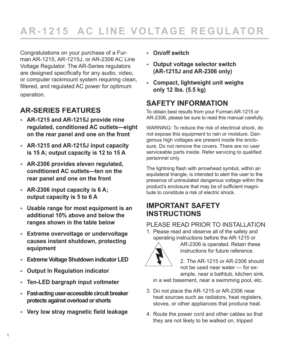 Ar-series features, Safety information, Important safety instructions | Furman Sound AR-1215J User Manual | Page 2 / 8