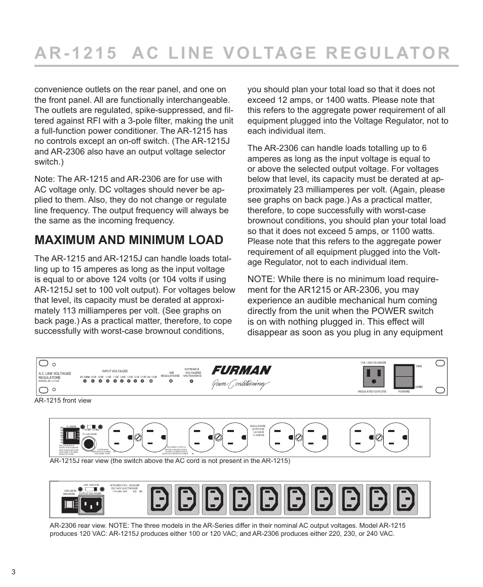 Maximum and minimum load | Furman Sound AR-1215J User Manual | Page 4 / 8