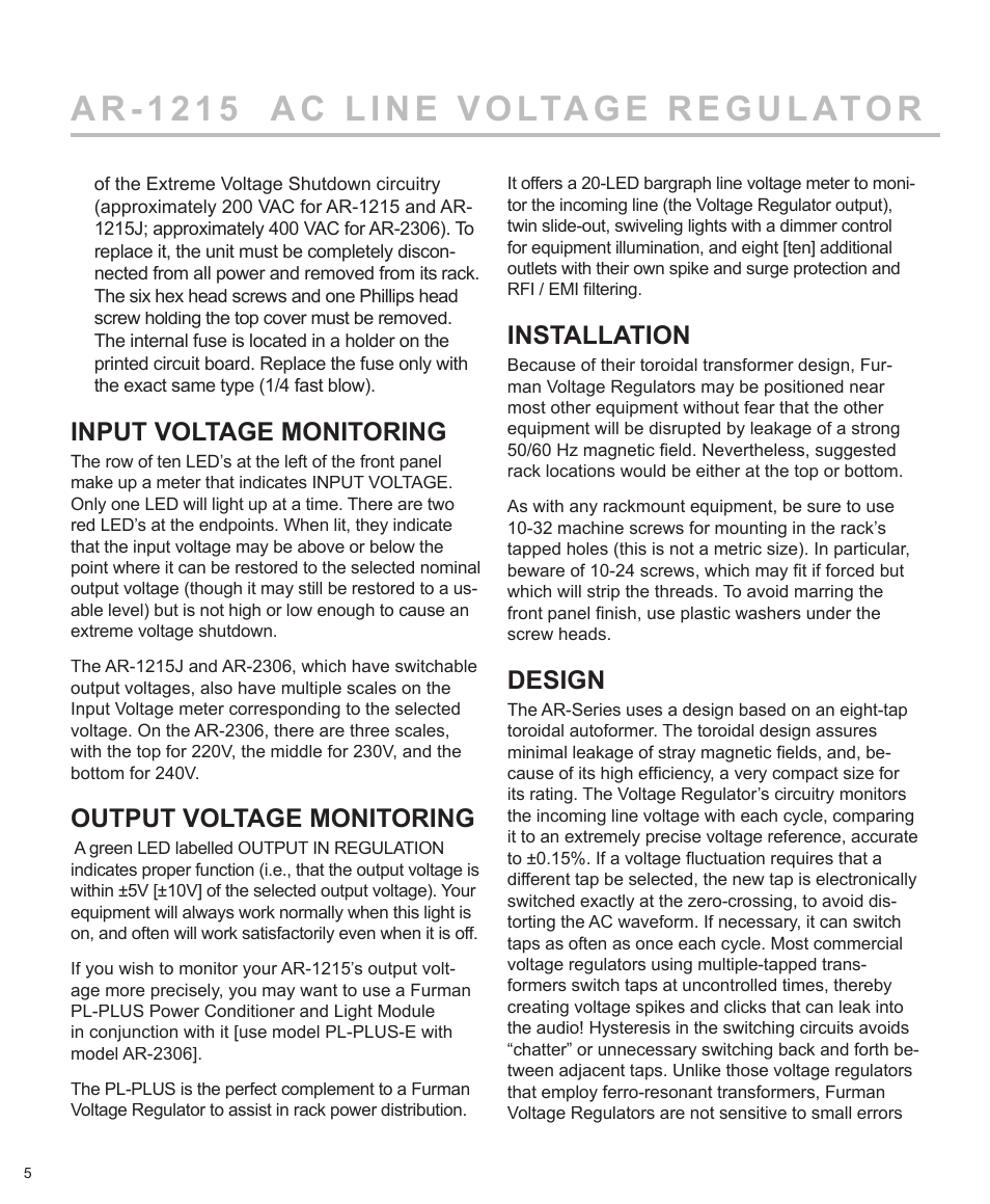 Input voltage monitoring, Output voltage monitoring, Installation | Design | Furman Sound AR-1215J User Manual | Page 6 / 8