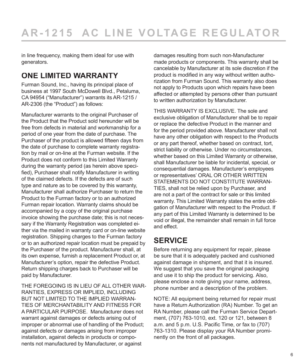 One limited warranty, Service | Furman Sound AR-1215J User Manual | Page 7 / 8