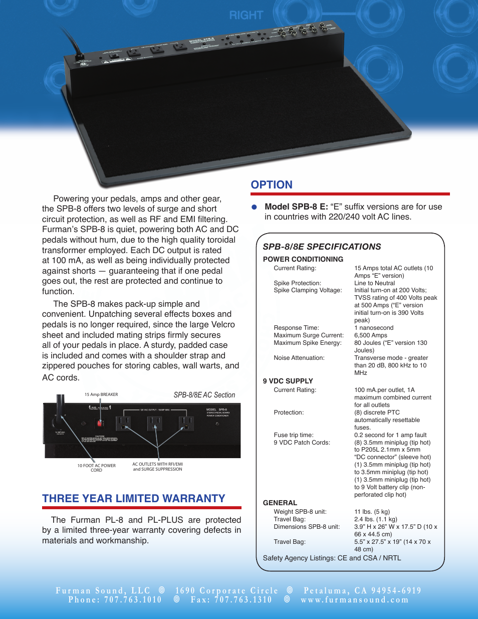 Three year limited warranty, Option | Furman Sound SPB-8/8E User Manual | Page 2 / 2