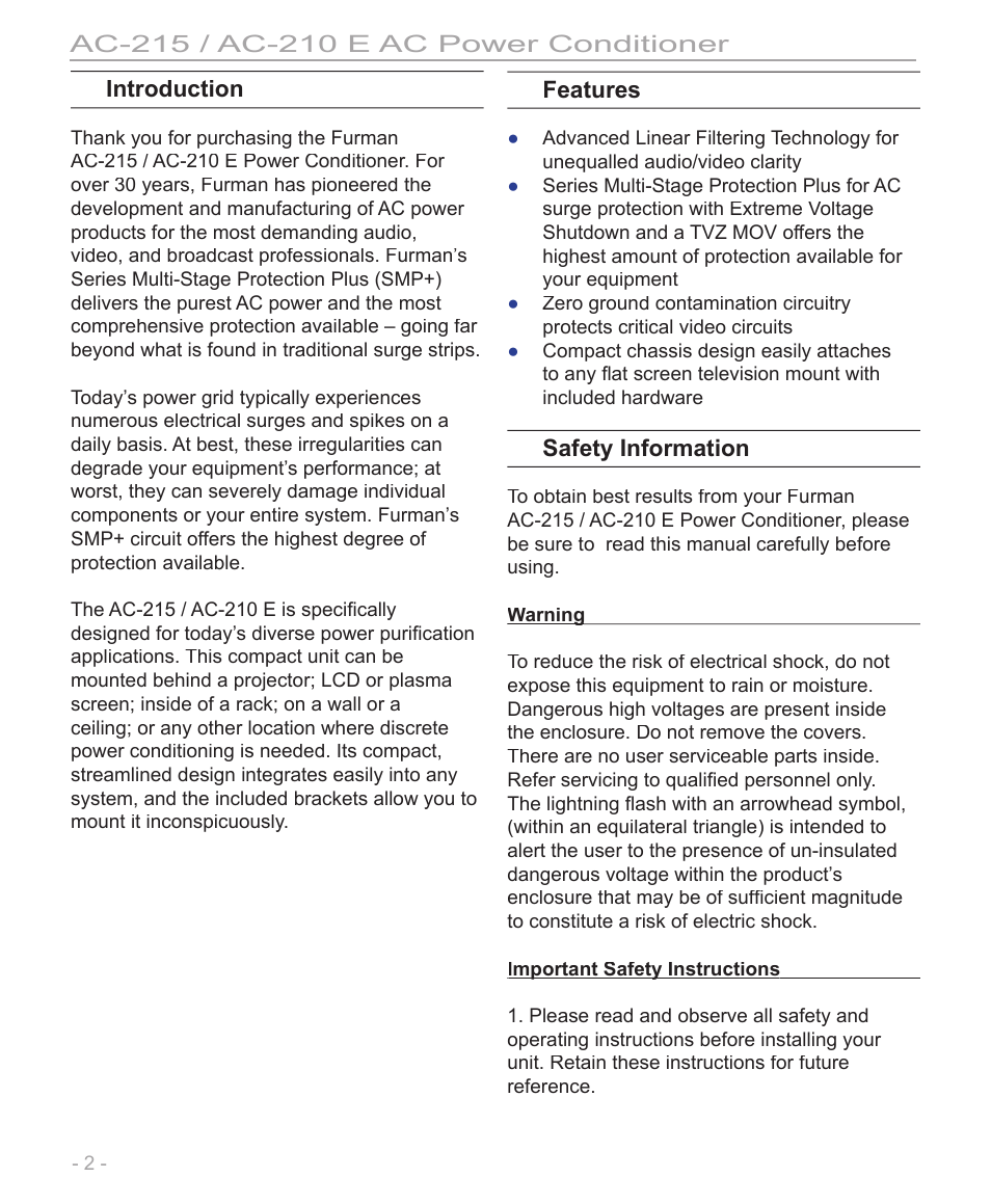 Introduction, Features, Safety information | Furman Sound AC-210 E User Manual | Page 2 / 8