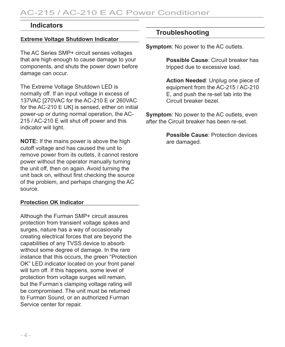 Indicators, Troubleshooting | Furman Sound AC-210 E User Manual | Page 4 / 8