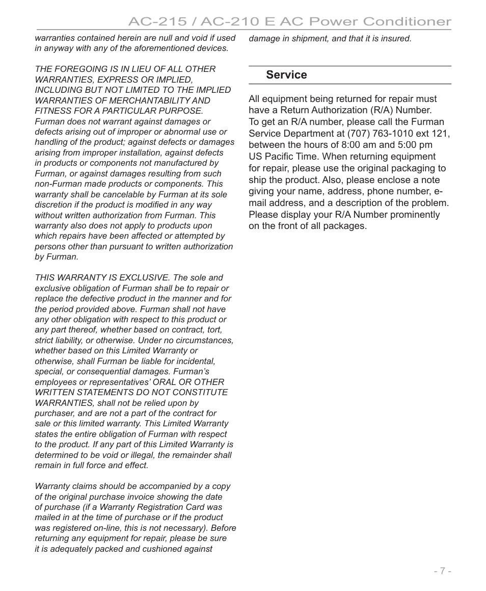 Service | Furman Sound AC-210 E User Manual | Page 7 / 8