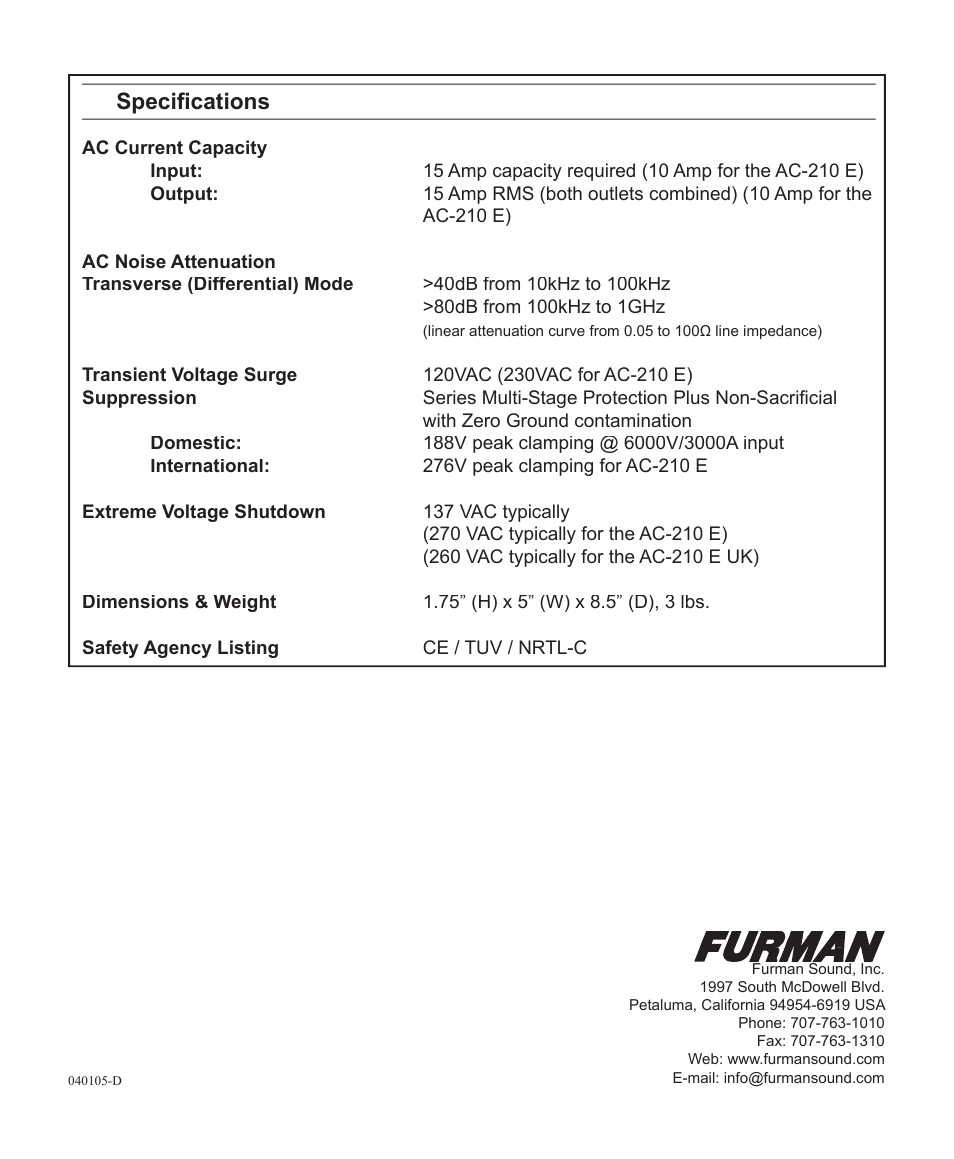 Speciﬁ cations | Furman Sound AC-210 E User Manual | Page 8 / 8