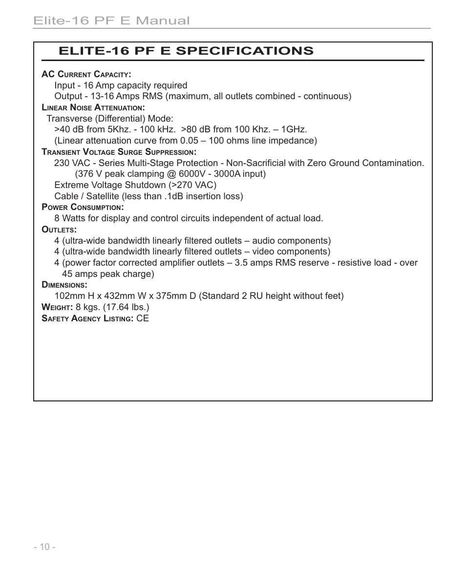 Elite-16 pf e manual, Elite-16 pf e specifications | Furman Sound Elite-16 PF E User Manual | Page 10 / 12