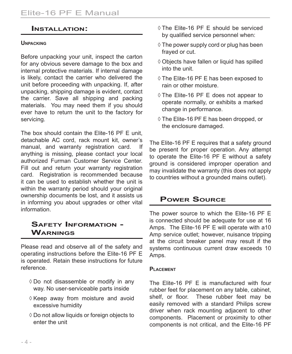 Elite-16 pf e manual | Furman Sound Elite-16 PF E User Manual | Page 4 / 12