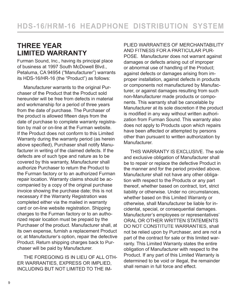 Hds-16/hrm-16 headphone distribution system, Three year limited warranty | Furman Sound HDS-16 User Manual | Page 10 / 12