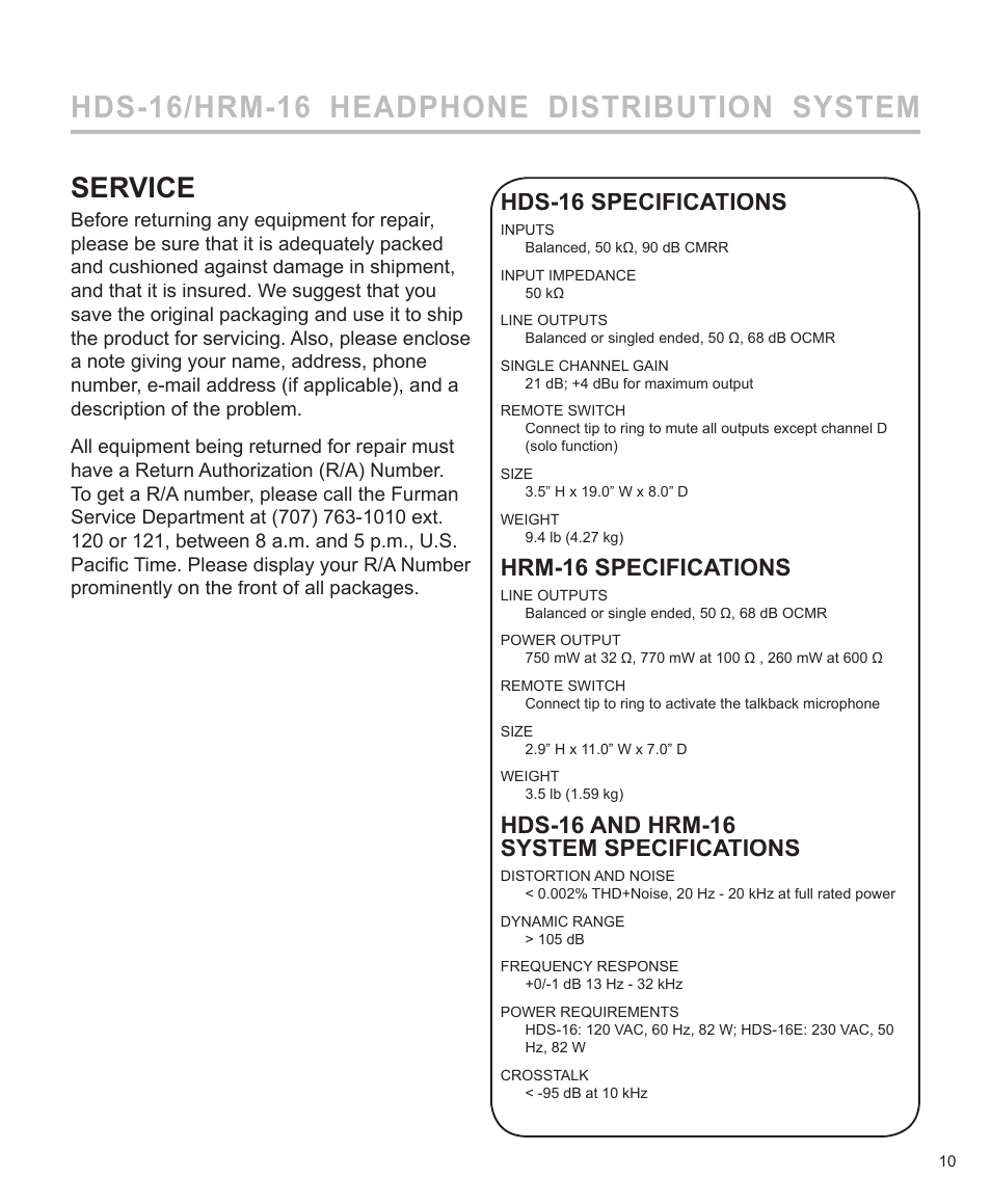 Hds-16/hrm-16 headphone distribution system, Service, Hds-16 specifications | Hrm-16 specifications, Hds-16 and hrm-16 system specifications | Furman Sound HDS-16 User Manual | Page 11 / 12